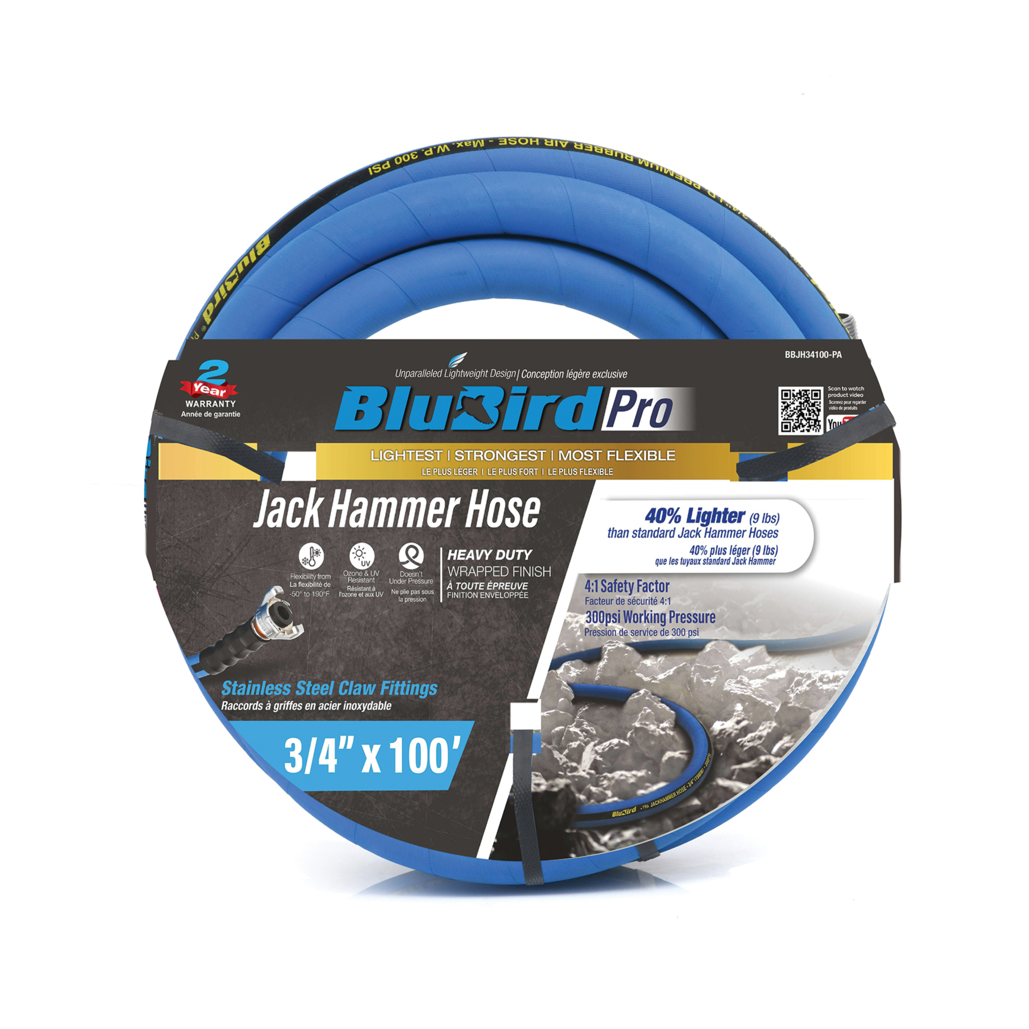 BluBird, Pro Rubber Jack Hammer Air Hose Assembly 3/4in.x100ft., Hose Diameter 3/4 in, Hose Length 100 ft, Model# BBPROJH34100